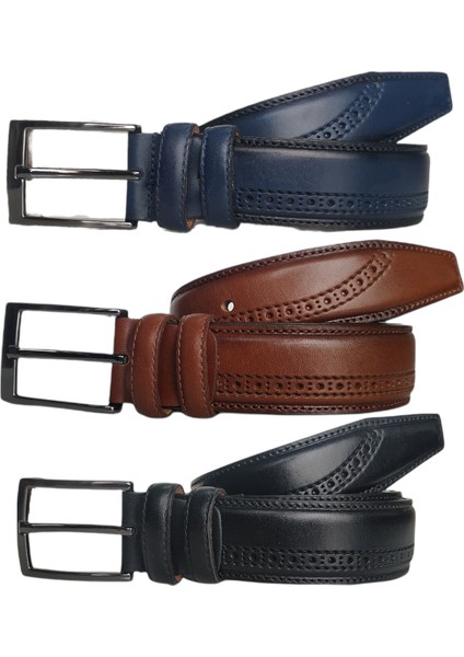 %100 Deri 3lü Set Desenli Kumaş Pantolon Kemeri 3.5cm; Siyah - Taba - Lacivert