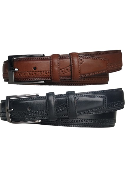 %100 Deri 2'li Set Desenli Kumaş Pantolon Kemeri 3.5cm; Siyah - Taba