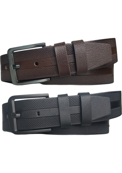 %100 Deri 2'li Set Desenli Kot Pantolon Kemeri 4.5cm: Siyah-Kahverengi