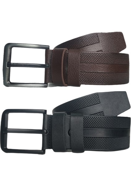 %100 Deri 2'li Set Desenli Kot Pantolon Kemeri 4.5cm: Siyah-Kahverengi fiyatları