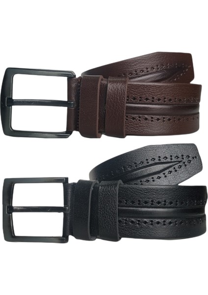 %100 Deri 2'li Set Desenli Kot Pantolon Kemeri 4.5cm: Siyah-Kahverengi