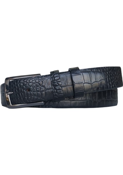 %100 Deri Kroko Desen Kumaş Pantolon Kemeri 3.5cm; Siyah