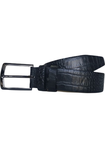 %100 Deri Kroko Desen Kumaş Pantolon Kemeri 3.5cm; Siyah
