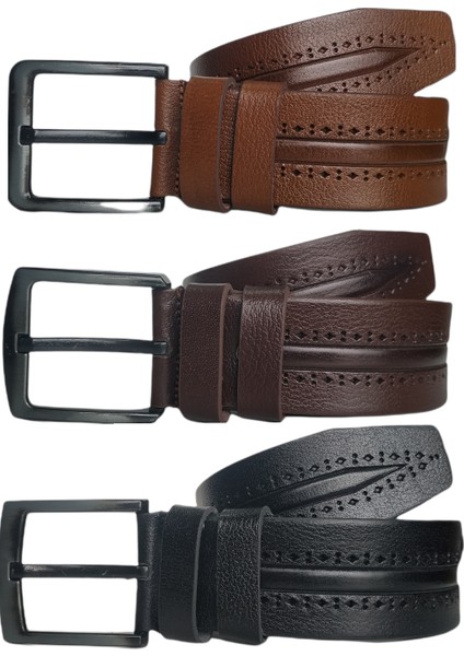 %100 Deri 3'lü Set Desenli Kot Pantolon Kemeri 4.5cm: Siyah-Kahverengi-Taba