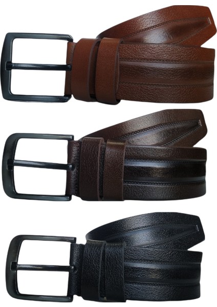 %100 Deri 3'lü Set Desenli Kot Pantolon Kemeri 4.5cm: Siyah-Kahverengi-Taba