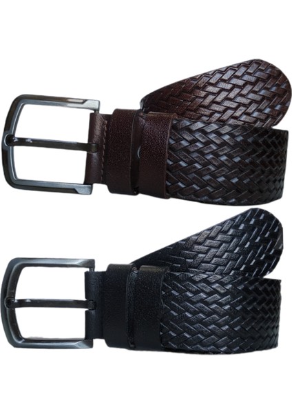%100 Deri 2'li Set Desenli Kot Pantolon Kemeri 4.5cm: Siyah-Kahverengi