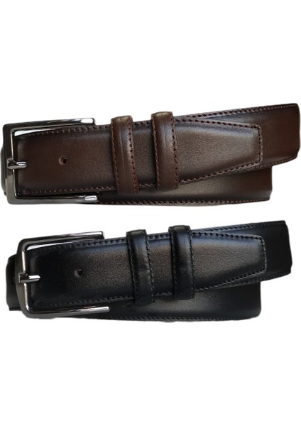 %100 Deri 2'li Set Düz Kanvas Pantolon Kemeri 4cm; Siyah - Kahverengi