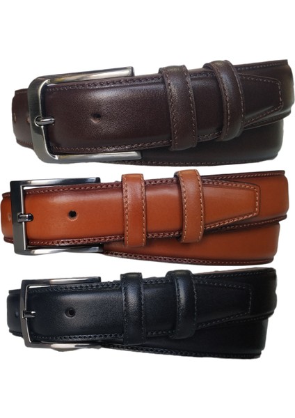 %100 Deri 3'lü Set Düz Klasik Kumaş Pantolon Kemeri 3.5cm : Siyah - Kahverengi - Taba