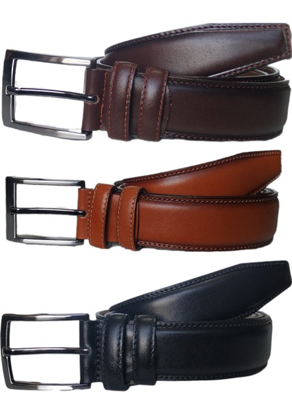 %100 Deri 3'lü Set Düz Klasik Kumaş Pantolon Kemeri 3.5cm : Siyah - Kahverengi - Taba