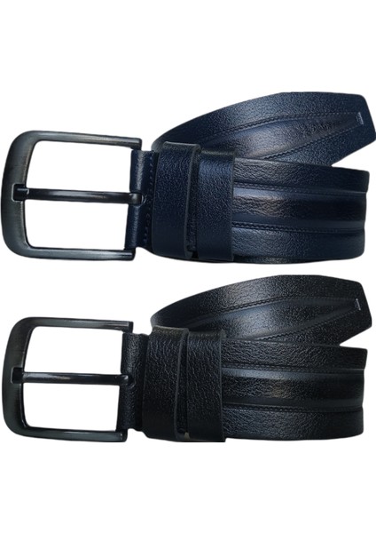 %100 Deri 2'li Set Desenli Kot Pantolon Kemeri 4.5cm: Siyah-Lacivert