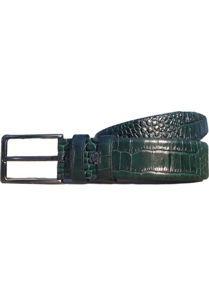 %100 Deri Kroko Desen Kumaş Pantolon Kemeri 3.5cm; Yeşil