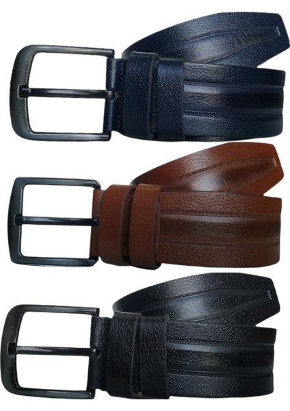%100 Deri 3'lü Set Desenli Kot Pantolon Kemeri 4.5cm: Siyah-Taba-Lacivert