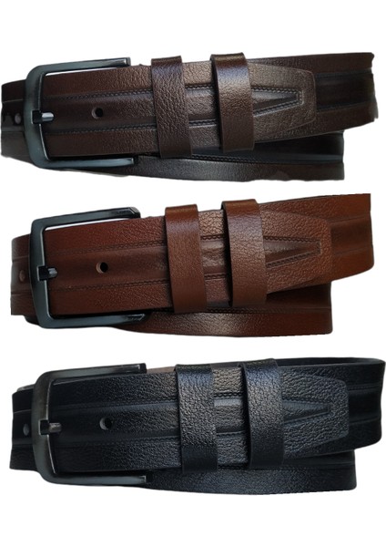 %100 Deri 3'lü Set Desenli Kot Pantolon Kemeri 4.5cm: Siyah-Kahverengi-Taba