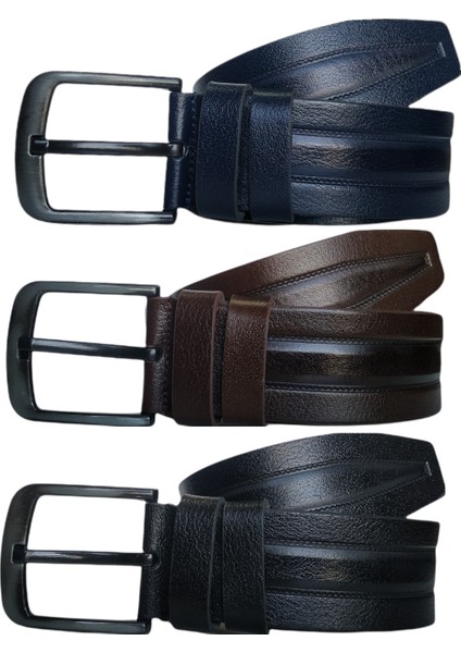 %100 Deri 3'lü Set Desenli Kot Pantolon Kemeri 4.5cm: Siyah-Kahverengi-Lacivert