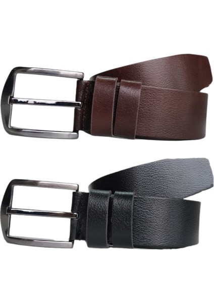 %100 Deri 2'li Set Düz Kanvas Pantolon Kemeri 4cm: Siyah-Kahverengi fiyatları