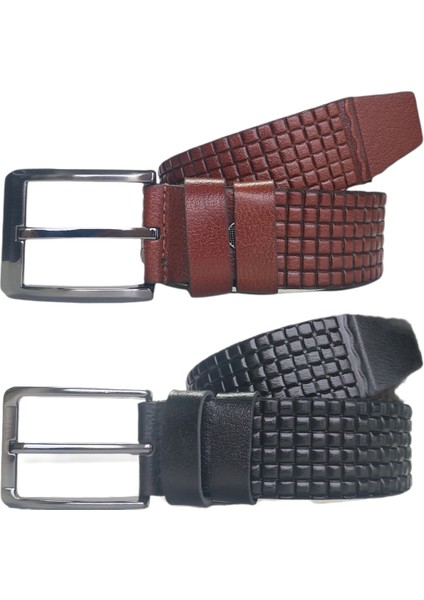 %100 Deri 2'li Set Desenli Kanvas Pantolon Kemeri 4cm: Siyah-Taba fiyatları