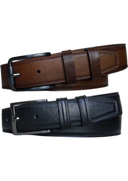 %100 Deri 2'li Set Dikiş Desenli Kumaş Pantolon Kemeri 3.5cm: Siyah-Taba