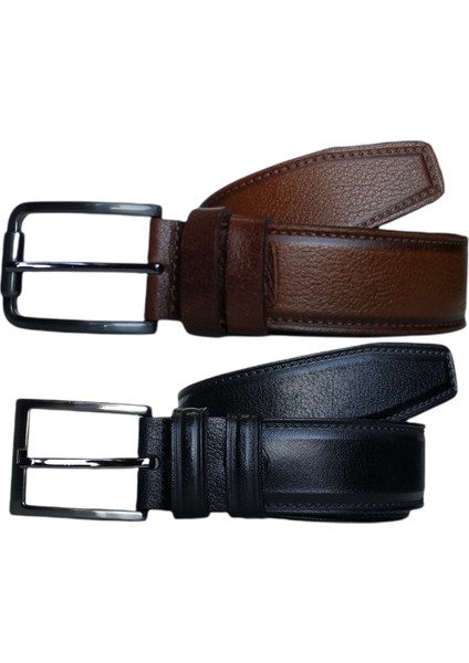%100 Deri 2'li Set Dikiş Desenli Kumaş Pantolon Kemeri 3.5cm: Siyah-Taba fiyatları