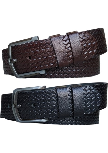 %100 Deri 2'li Set Desenli Kot Pantolon Kemeri 4.5cm: Siyah-Kahverengi