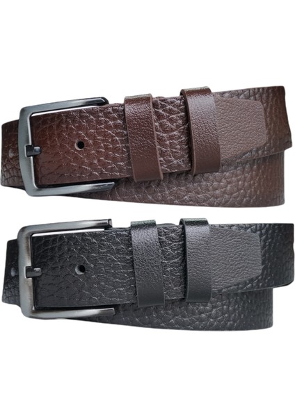 %100 Deri 2'li Set Kroko Desenli Kot Pantolon Kemeri 4.5cm: Siyah-Kahverengi