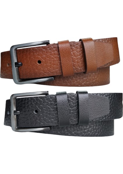 %100 Deri 2'li Set Kroko Desenli Kot Pantolon Kemeri 4.5cm: Siyah-Taba