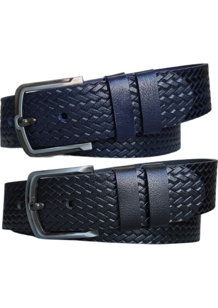 %100 Deri 2'li Set Desenli Kot Pantolon Kemeri 4.5cm: Siyah-Lacivert