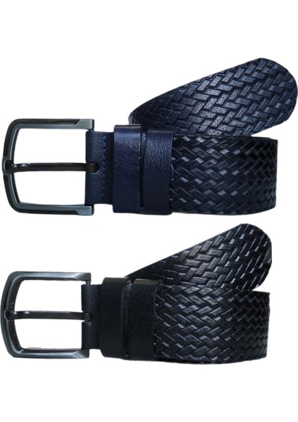 %100 Deri 2'li Set Desenli Kot Pantolon Kemeri 4.5cm: Siyah-Lacivert fiyatları