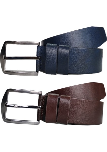 %100 Deri 2'li Set Düz Kanvas Pantolon Kemeri 4cm: Lacivert-Kahverengi fiyatları