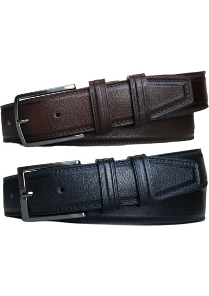 %100 Deri 2'li Set Dikiş Desenli Kumaş Pantolon Kemeri 3.5cm: Siyah-Kahverengi