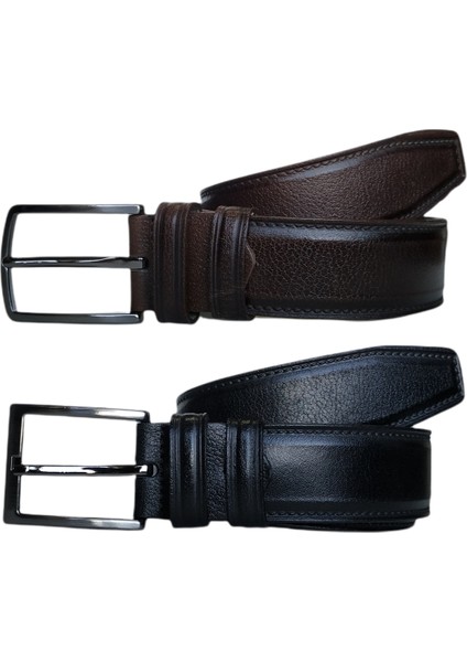 %100 Deri 2'li Set Dikiş Desenli Kumaş Pantolon Kemeri 3.5cm: Siyah-Kahverengi fiyatları