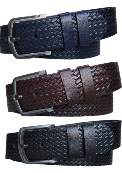 %100 Deri 3'lü Set Desenli Kot Pantolon Kemeri 4.5cm: Siyah-Kahverengi-Lacivert