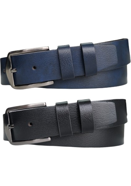 %100 Deri 2'li Set Düz Kanvas Pantolon Kemeri 4cm: Siyah-Lacivert