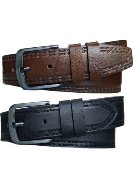 %100 Deri 2'li Set Dikiş Desenli Kot Pantolon Kemeri 4.5cm: Siyah-Taba