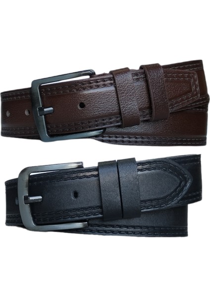 %100 Deri 2'li Set Dikiş Desenli Kot Pantolon Kemeri 4.5cm: Siyah-Kahverengi