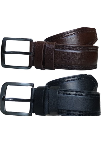 %100 Deri 2'li Set Dikiş Desenli Kot Pantolon Kemeri 4.5cm: Siyah-Kahverengi