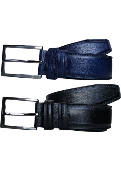 %100 Deri 2'li Set Dikiş Desenli Kumaş Pantolon Kemeri 3.5cm: Siyah-Lacivert fiyatları