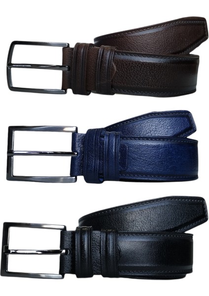 %100 Deri 3'lü Set Dikiş Desenli Kumaş Pantolon Kemeri 3.5cm: Siyah-Kahverengi-Lacivert fiyatları