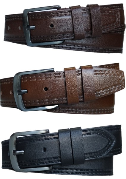%100 Deri 3'lü Set Dikiş Desenli Kot Pantolon Kemeri 4.5cm: Siyah-Kahverengi-Taba