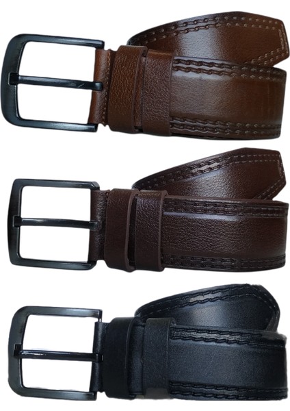 %100 Deri 3'lü Set Dikiş Desenli Kot Pantolon Kemeri 4.5cm: Siyah-Kahverengi-Taba