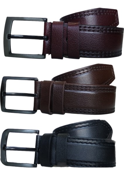 %100 Deri 3'lü Set Dikiş Desenli Kot Pantolon Kemeri 4.5cm: Siyah-Kahverengi-Bordo fiyatları