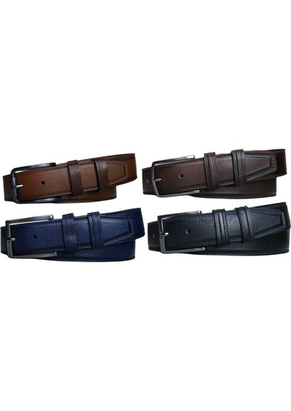 %100 Deri 4'lü Set Dikiş Desenli Kumaş Pantolon Kemeri 3.5cm: Siyah-Kahverengi-Lacivert-Taba