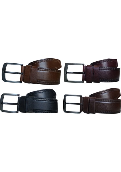 %100 Deri 4'lü Set Dikiş Desenli Kot Pantolon Kemeri 4.5cm: Siyah-Bordo-Kahverengi-Taba
