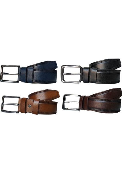 %100 Deri 4'lü Set Dikiş Desenli Kanvas Pantolon Kemeri 4cm: Siyah-Lacivert-Kahverengi-Taba