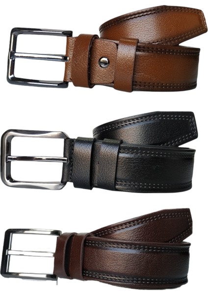 %100 Deri 3'lü Set Dikiş Desenli Kanvas Pantolon Kemeri 4cm: Siyah-Kahverengi-Taba fiyatları