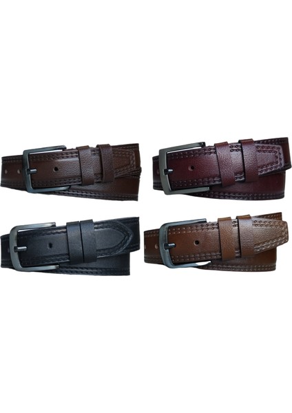 %100 Deri 4'lü Set Dikiş Desenli Kot Pantolon Kemeri 4.5cm: Siyah-Bordo-Kahverengi-Taba