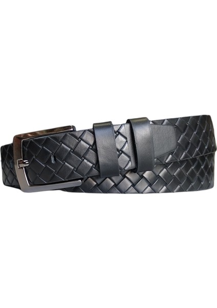 %100 Deri Desenli Kanvas Pantolon Kemeri 4cm: Siyah