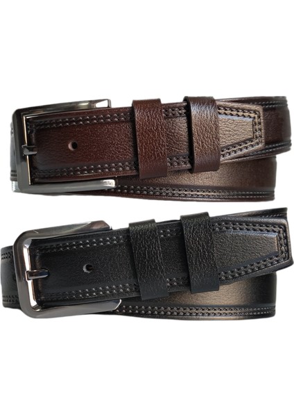 %100 Deri 2'li Set Dikiş Desenli Kanvas Pantolon Kemeri 4cm: Siyah-Kahverengi
