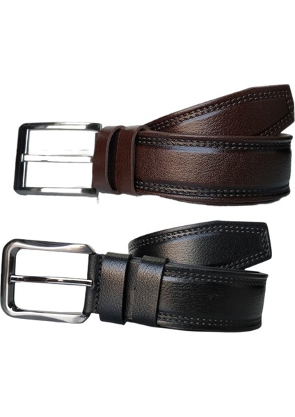 %100 Deri 2'li Set Dikiş Desenli Kanvas Pantolon Kemeri 4cm: Siyah-Kahverengi fiyatları