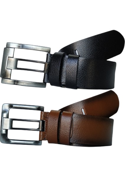 %100 Deri 2'li Set Kalın Dilli Kot Pantolon Kemeri 4.5cm: Siyah-Taba fiyatları