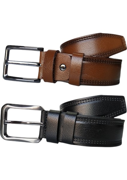 %100 Deri 2'li Set Dikiş Desenli Kanvas Pantolon Kemeri 4cm: Siyah-Taba fiyatları